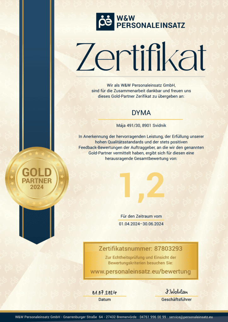 Certifikát Zlatý Partner – DYMA s.r.o.